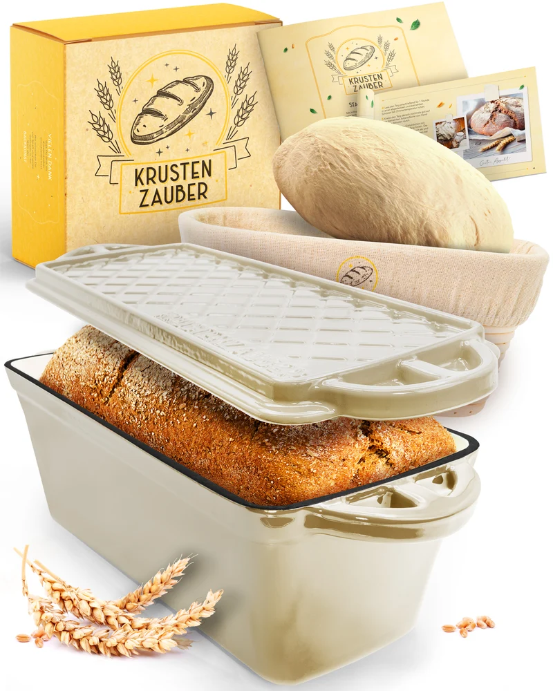 Emaille Brotbackform 28cm mit Deckel in Creme