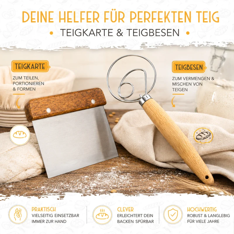 Vorteilspack - 2x Gärkörbchen, 600ml Sauerteig Starter Set, Bäckermesser, Spatel, Teigbesen, Teigkarte