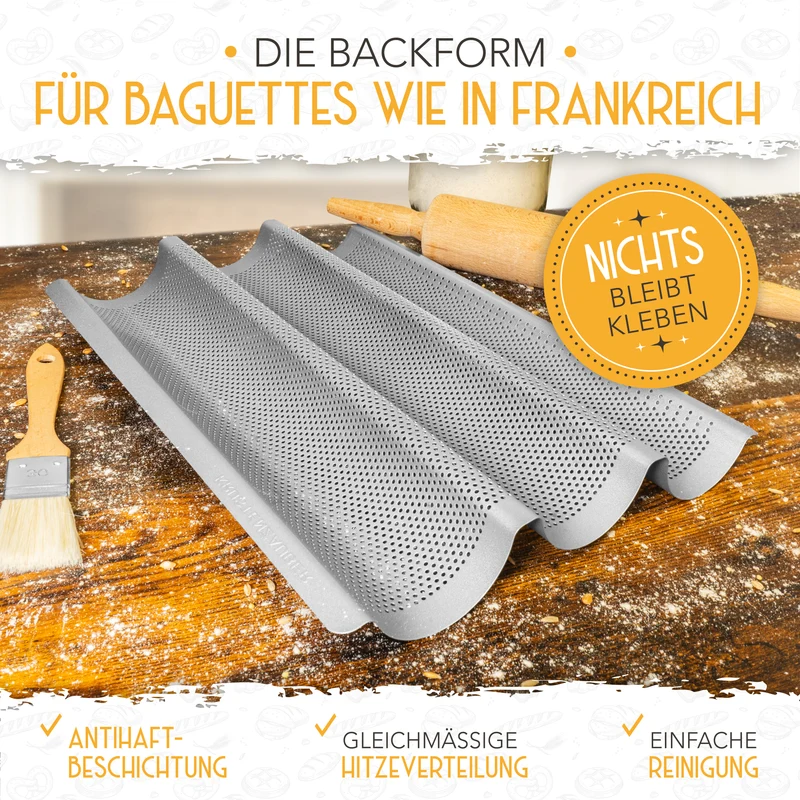 Baguette Backform (3 Mulden) + Bäckermesser + Bäckerleinen