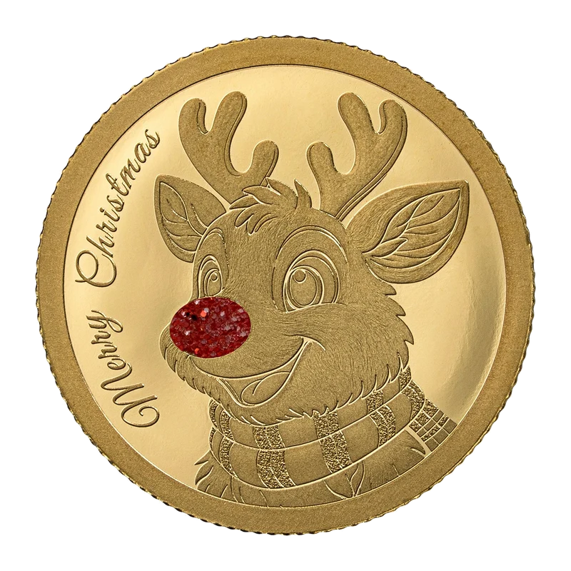 Weihnachtsgoldmünze Rudolph mit Rubinstaub