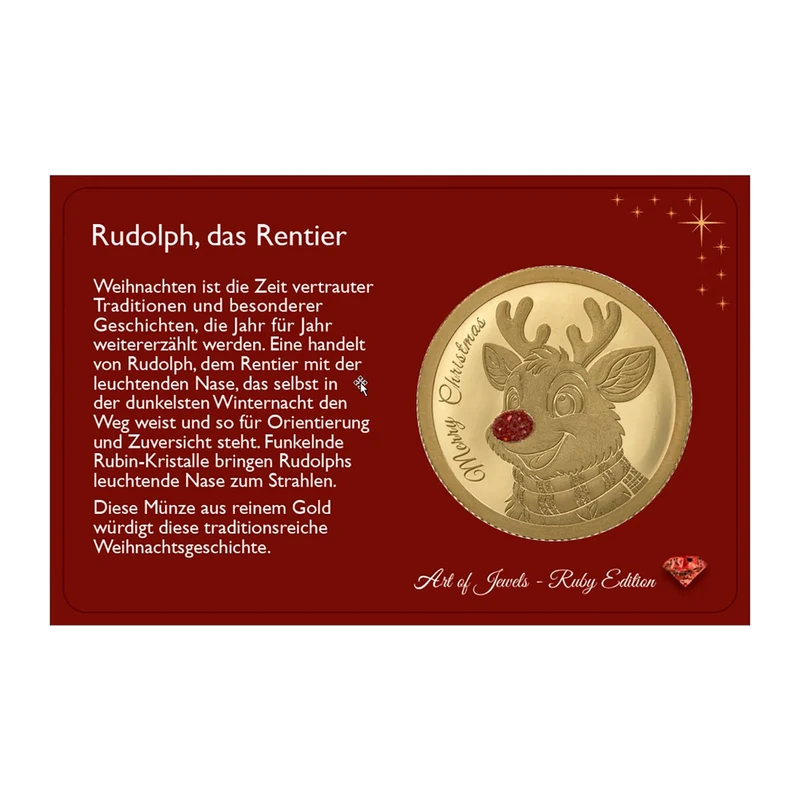 Weihnachtsgoldmünze Rudolph mit Rubinstaub