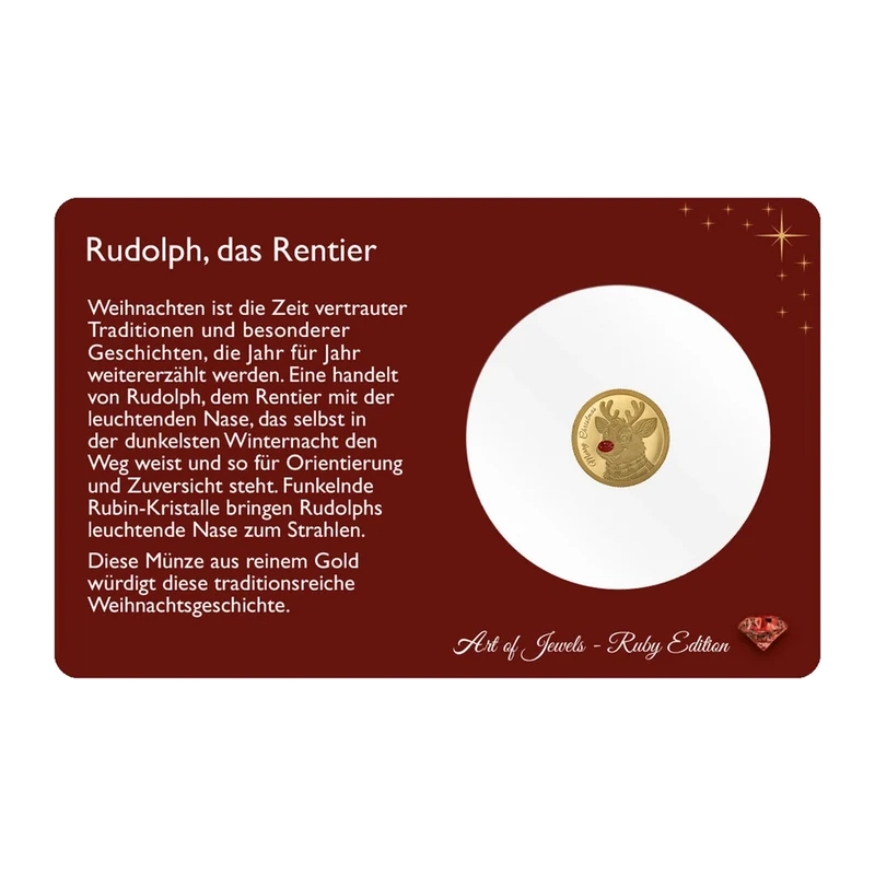 Weihnachtsgoldmünze Rudolph mit Rubinstaub