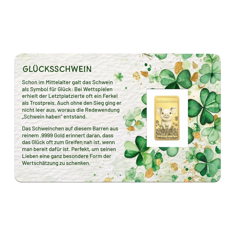 Goldbarren „Glücksschwein“ in Geschenkkarte mit Schleife