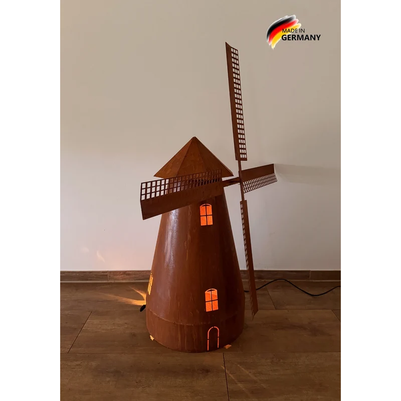 Drehbare Windmühle Edelrost inkl. Beleuchtung