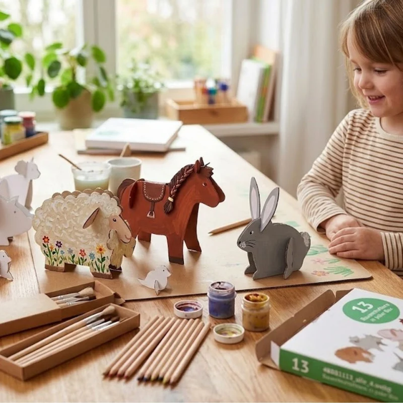Bauernhoftiere aus Pappe 'Streichelzoo' | 13 - teilig | verschiedene Tiere | zum Falten und Anmalen | Made in Germany