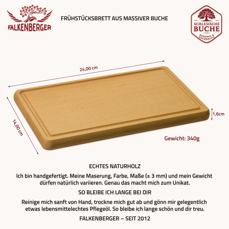 FALKENBERGER Frühstücksbrettchen 10er Set massive Buche, 24 × 14 × 1,6 cm Handgefertigt