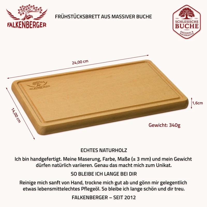 FALKENBERGER Frühstücksbrettchen 10er Set massive Buche, 24 × 14 × 1,6 cm Handgefertigt