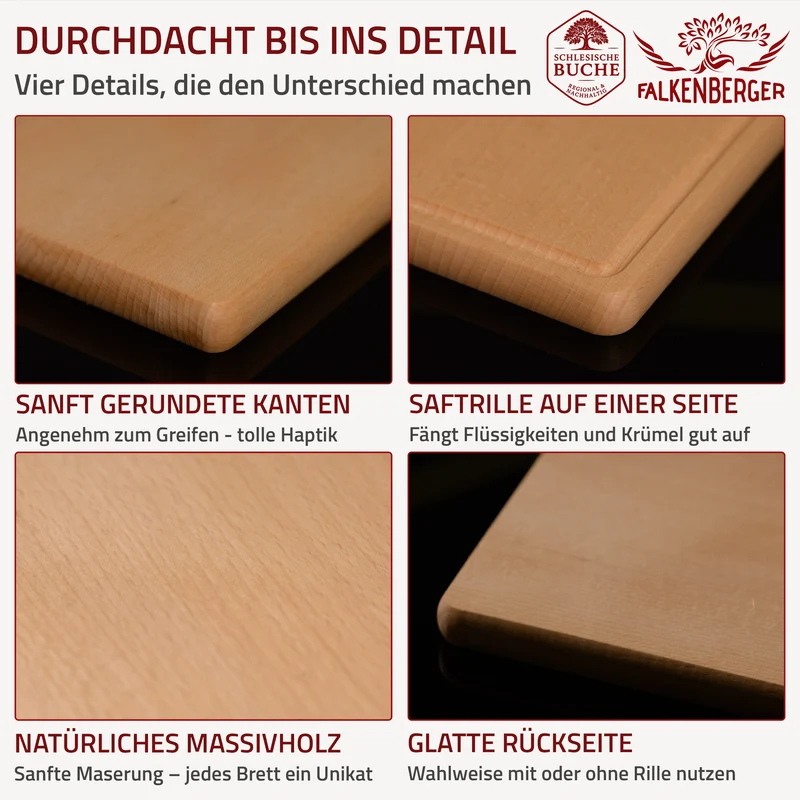 FALKENBERGER Frühstücksbrettchen 6er Set massive Buche, 24 × 14 × 1,6 cm Handgefertigt
