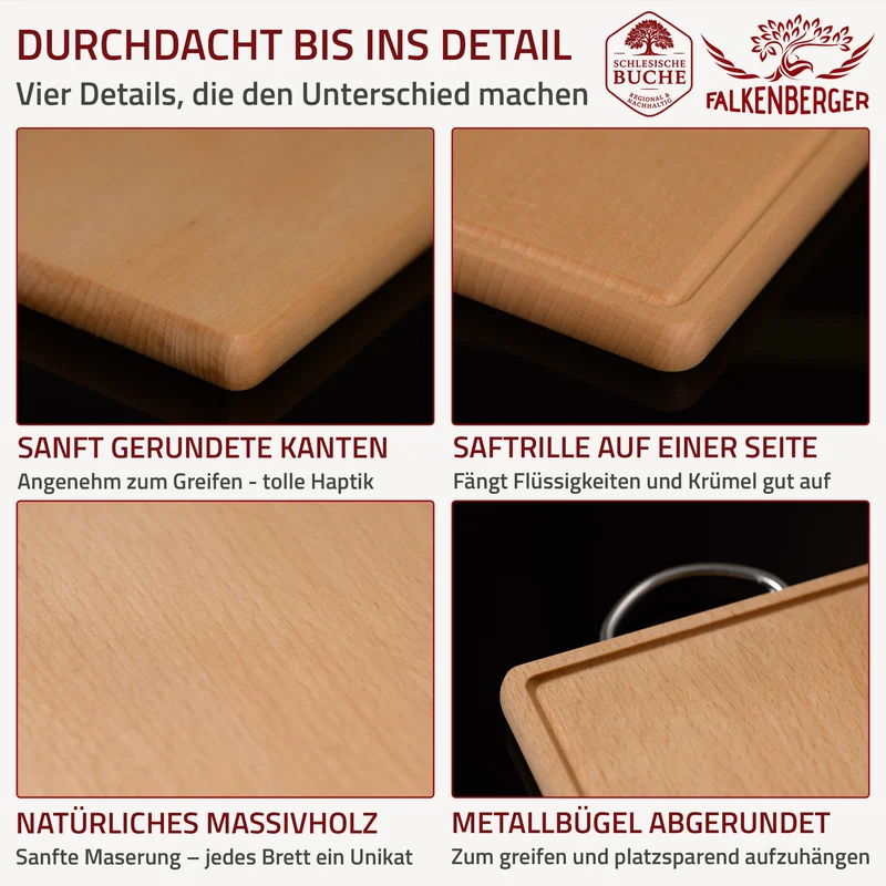 FALKENBERGER Frühstücksbrettchen 6er Set massive Buche, 24 × 14 × 1,6 cm Handgefertigt