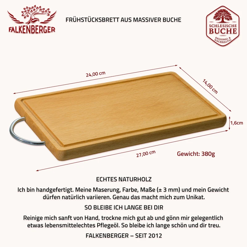 FALKENBERGER Frühstücksbrettchen 2er Set massive Buche, 24 × 14 × 1,6 cm Handgefertigt