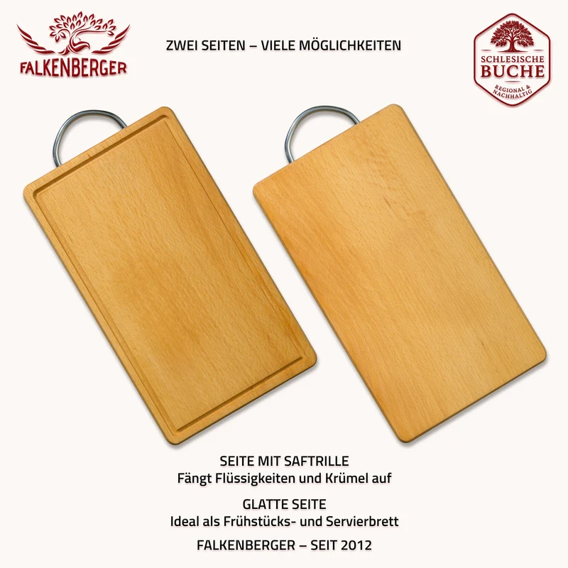 FALKENBERGER Frühstücksbrettchen 2er Set massive Buche, 24 × 14 × 1,6 cm Handgefertigt