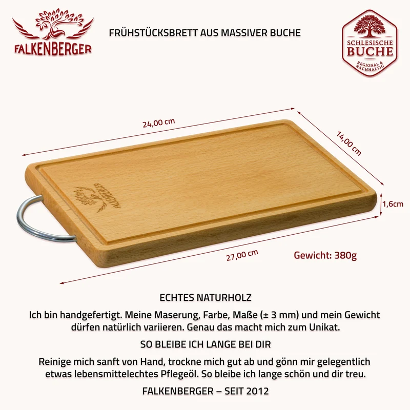 FALKENBERGER Frühstücksbrettchen 10er Set massive Buche, 24 × 14 × 1,6 cm Handgefertigt