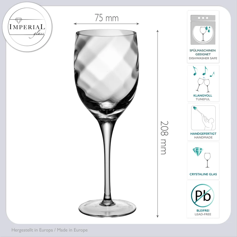 IMPERIAL Weißweingläser 290ml Set mit 6 Weingläsern aus Crystalline Glas mit Rautenmusterung „Glamour“ handgefertigt