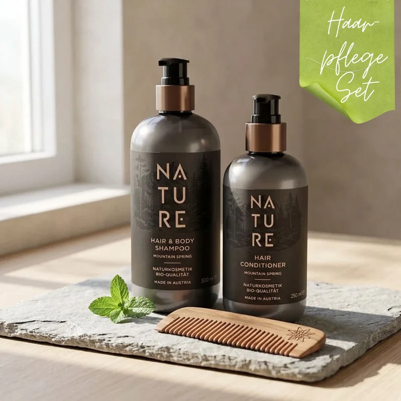 2er-Set 'Haarpflege' | Mountain Spring | Shampoo 500 ml | Conditioner 250 ml | tierversuchsfrei | vegan | Kunststoffgebinde mit Pumpfunktion | Made in Austria