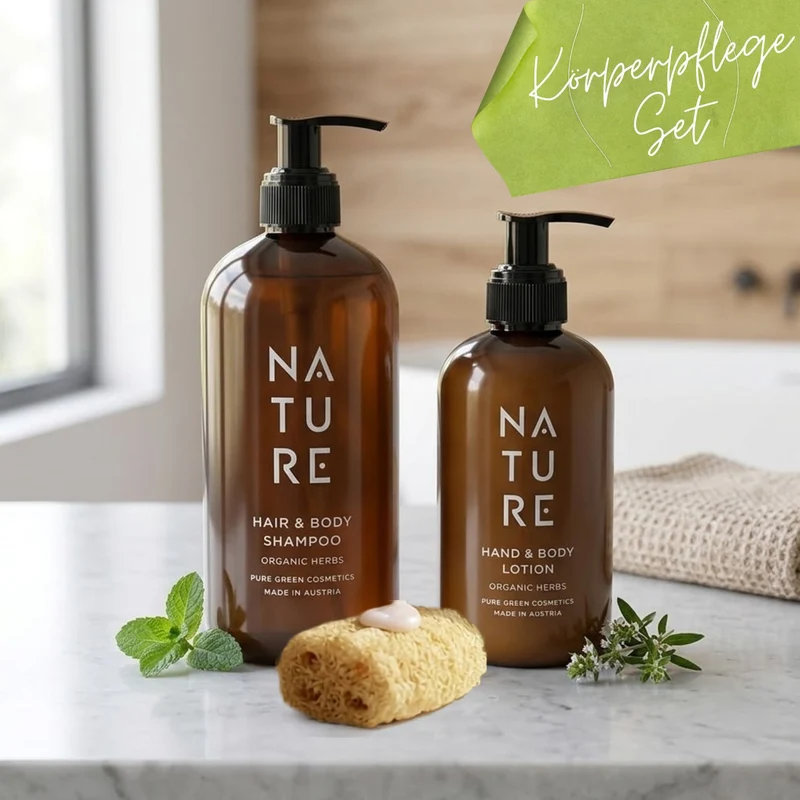 2er-Set 'Körperpflege' | Organic Herbs | Soap 500 ml + Lotion 250 ml | tierversuchsfrei | vegan | Kunststoffgebinde mit Pumpfunktion | Made in Austria
