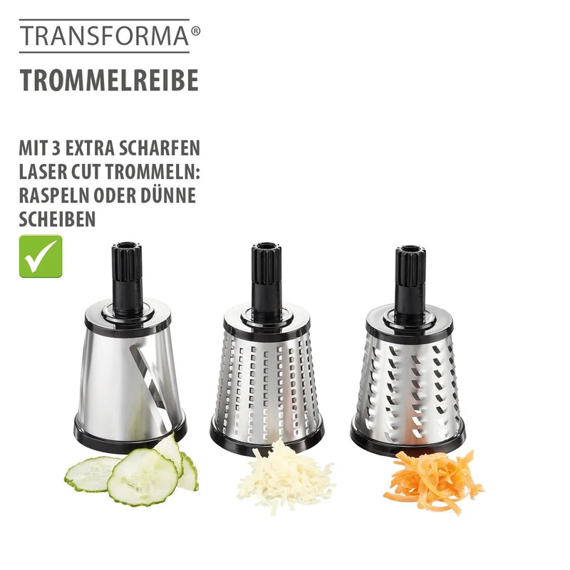 -GEFU- "TRANSFORMA" Trommelreibe mit drei LASER CUT Trommeln