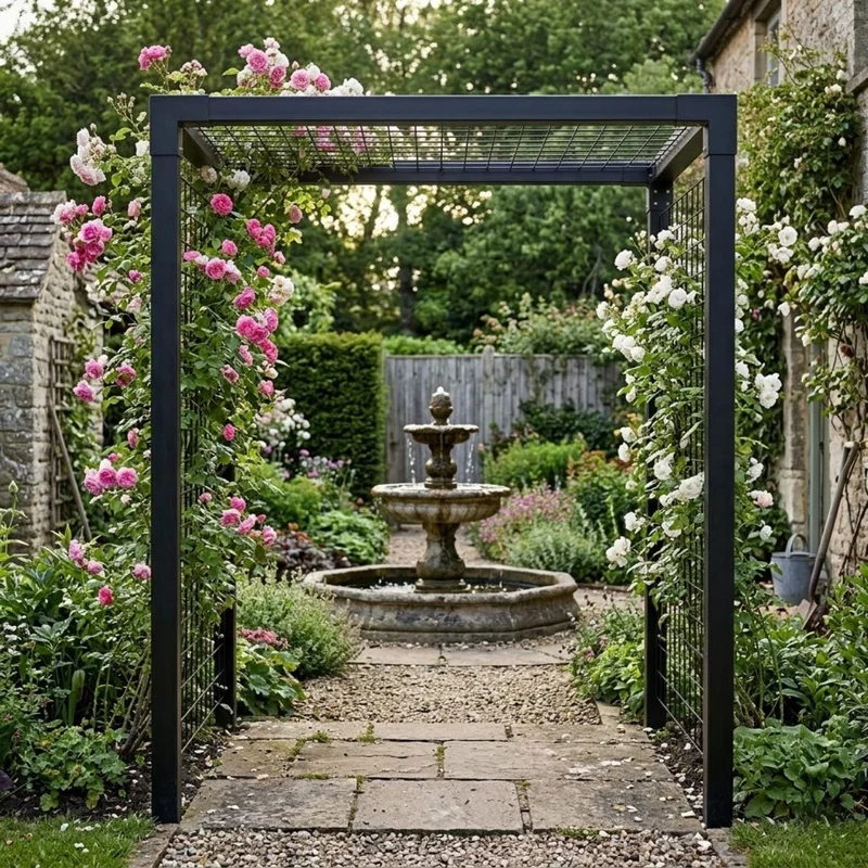Pflanzenspalier 'Rosenportal' | L 198 x B 108 x H 208 cm | Wandmontage | Holzpfosten | Stahlgitter | Beschläge feuerverzinkt | schwarz lackiert | Made in Europe