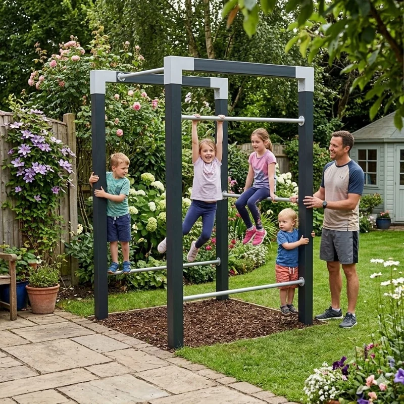 Trainingsgestell 'Fitness' | L 138 x B 138 x H 220 cm | 3 x Reckstangen 120 cm | Holzpfosten | Beschläge feuerverzinkt | schwarz lackiert | 150 kg belastbar | Made in Europe