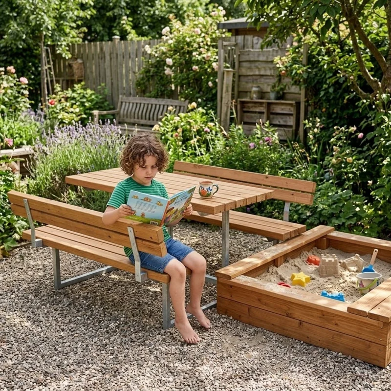 Gartenmöbel-Garnitur 'Basic Junior' || | mit Rückenlehne | 1 Tisch, 2 Bänke | fix verbunden | L 118 x B 132 x H 57 cm | ThermoWood® | Beschläge feuerverzinkt | Made in Europe