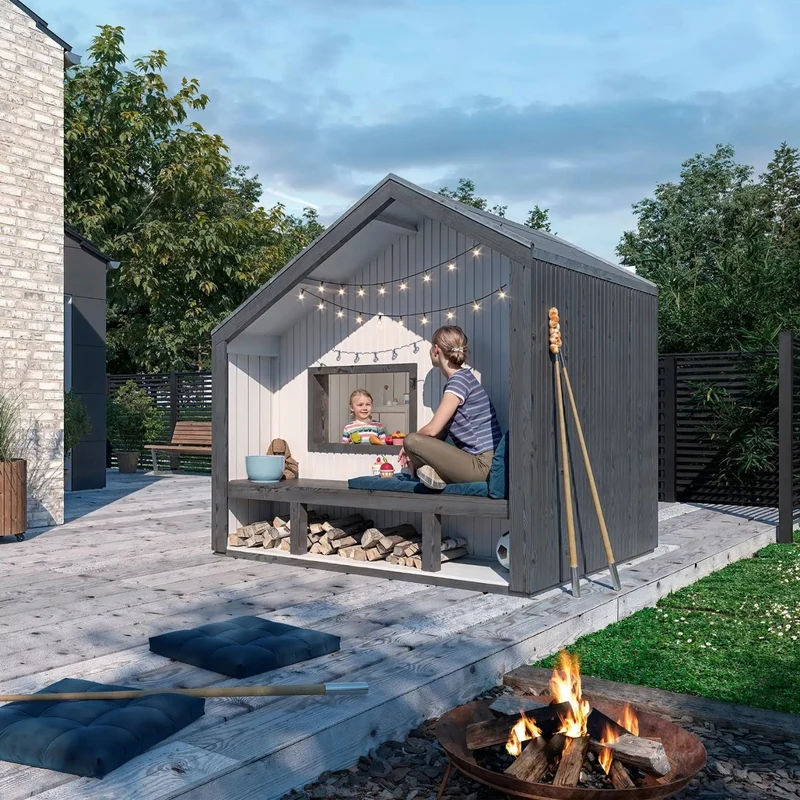 Spielhaus 'Cozy' | mit Dachpappe | 1 Tür, 1 Fenster, 1 Sitzbank | mit Spieltheke | L 184 x B 208 x H 212 cm | unbehandelt | Made in Europe