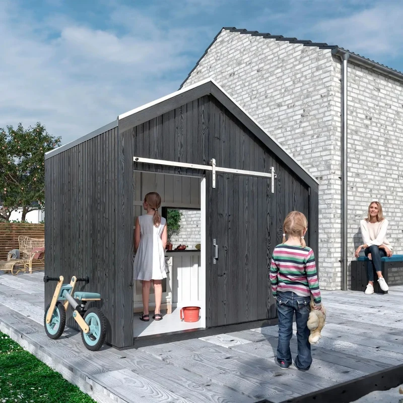 Spielhaus 'Cozy' | mit Dachpappe | 1 Tür, 1 Fenster, 1 Sitzbank | mit Spieltheke | L 184 x B 208 x H 212 cm | unbehandelt | Made in Europe