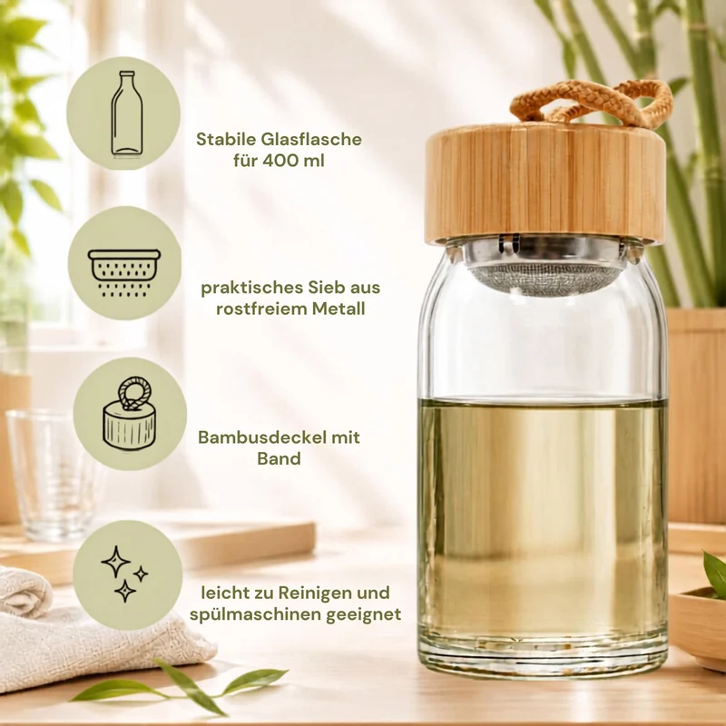 UaB Geschenk | TO GO Trinkflasche aus Glas | nachhaltig und stylisch | 400 ml