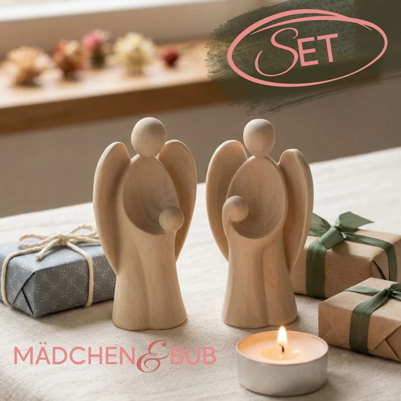 Set Moderner Schutzengel | Bub & Mädchen | aus Zirbenholz | Geschenk zur Taufe oder zu Weihnachten | Handwerk aus Südtirol
