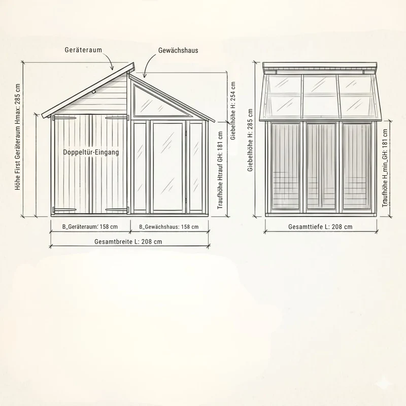 Gewächshaus mit Geräteraum 'Orangerie' | L 208 x B 316 x H 285 cm | Holz unbehandelt | 6,6 m² | Made in Europe