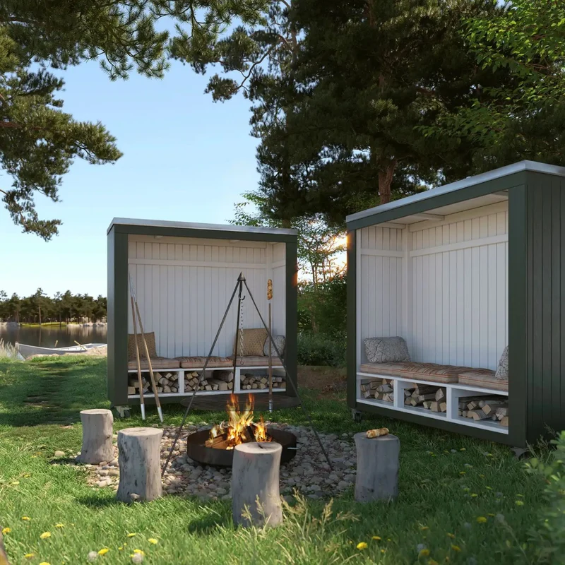 Überdachte Sitzbank 'Shelter' | auf Rädern | L 179 x B 67 x H 183 cm | mit Bank | mit Dachpappe | Holz unbehandelt | Made in Europe