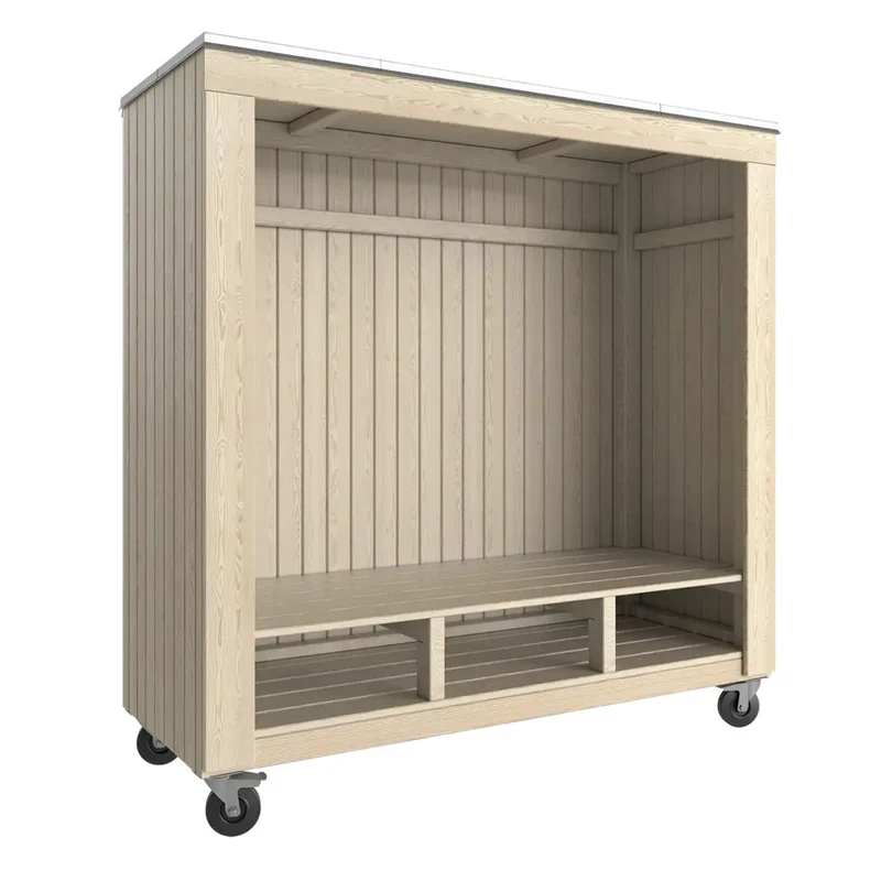 Überdachte Sitzbank 'Shelter' | auf Rädern | L 179 x B 67 x H 183 cm | mit Bank | mit Dachpappe | Holz unbehandelt | Made in Europe