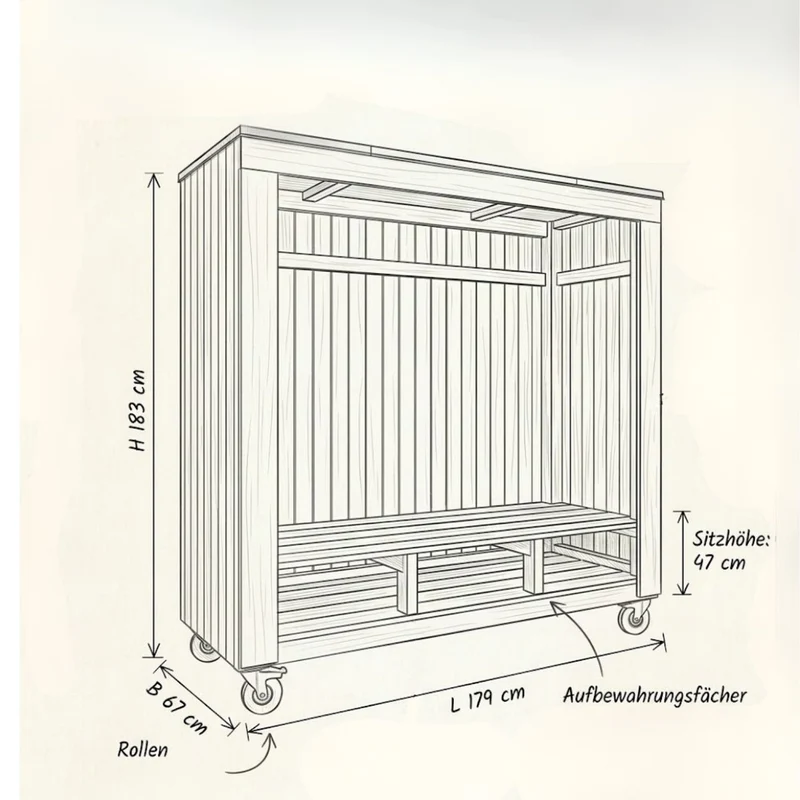 Überdachte Sitzbank 'Shelter' | auf Rädern | L 179 x B 67 x H 183 cm | mit Bank | mit Dachpappe | Holz unbehandelt | Made in Europe