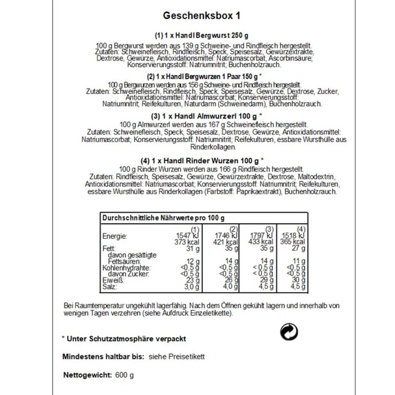 Genussbox 'Salz' | 4 verschiedene Würste | 600 g | im Geschenkskarton | Made in Austria