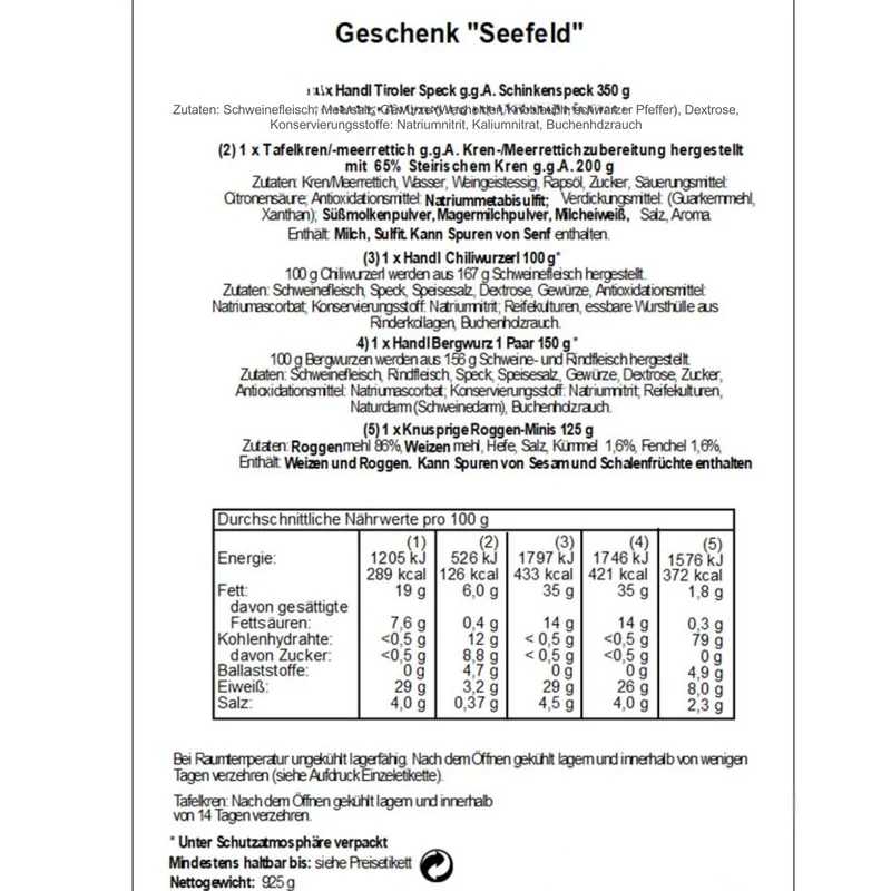 Genusspaket 'Seefeld' | Speck, Würste, Schüttelbrot, Kren | 925 g | im Geschenkskorb | Made in Austria