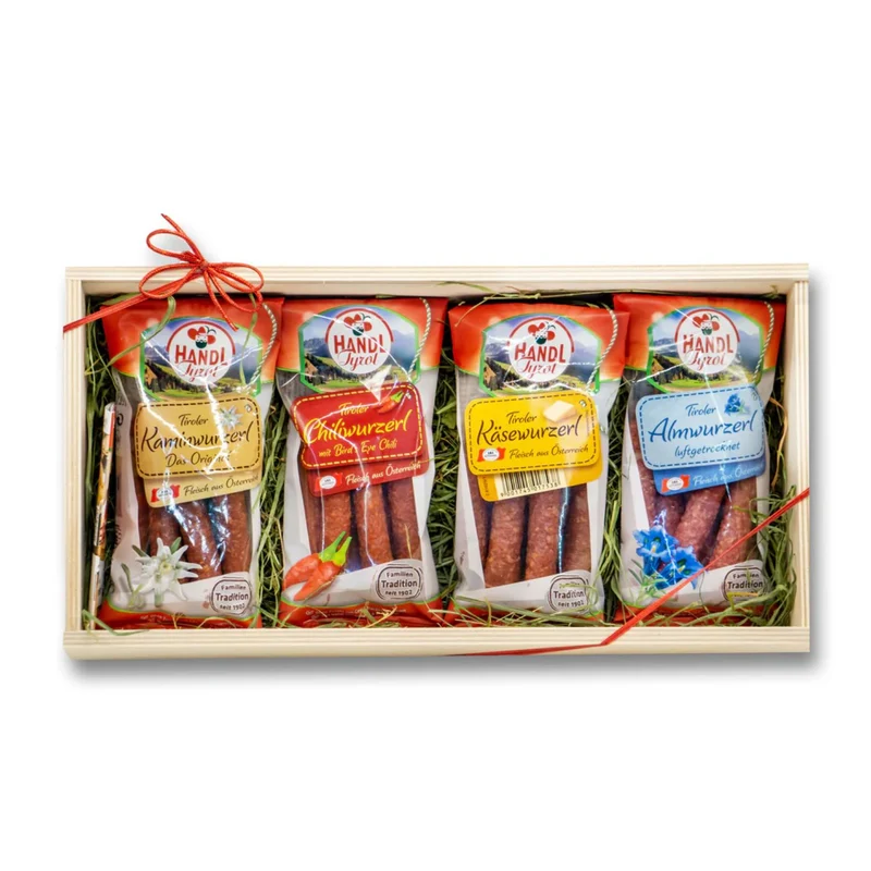 Wurzerlkiste | 4 verschiedene Würste | 400 g | in der Holzkiste | Made in Austria