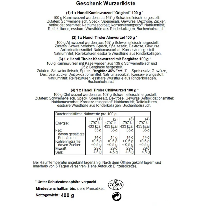 Wurzerlkiste | 4 verschiedene Würste | 400 g | in der Holzkiste | Made in Austria
