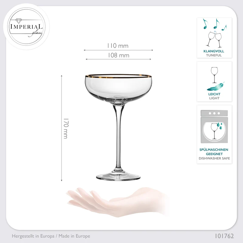 IMPERIAL glass Sektschalen mit Goldrand 270ml Set 2-Teilig aus Crystalline Glas