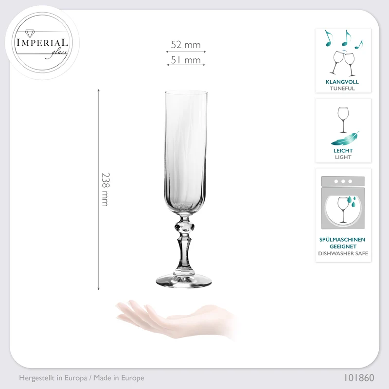 IMPERIAL glass geriffelte Sektkelche 200ml (max 250ml) "Prag" Set 4-Teilig aus Crystalline Glas Spülmaschinenfest