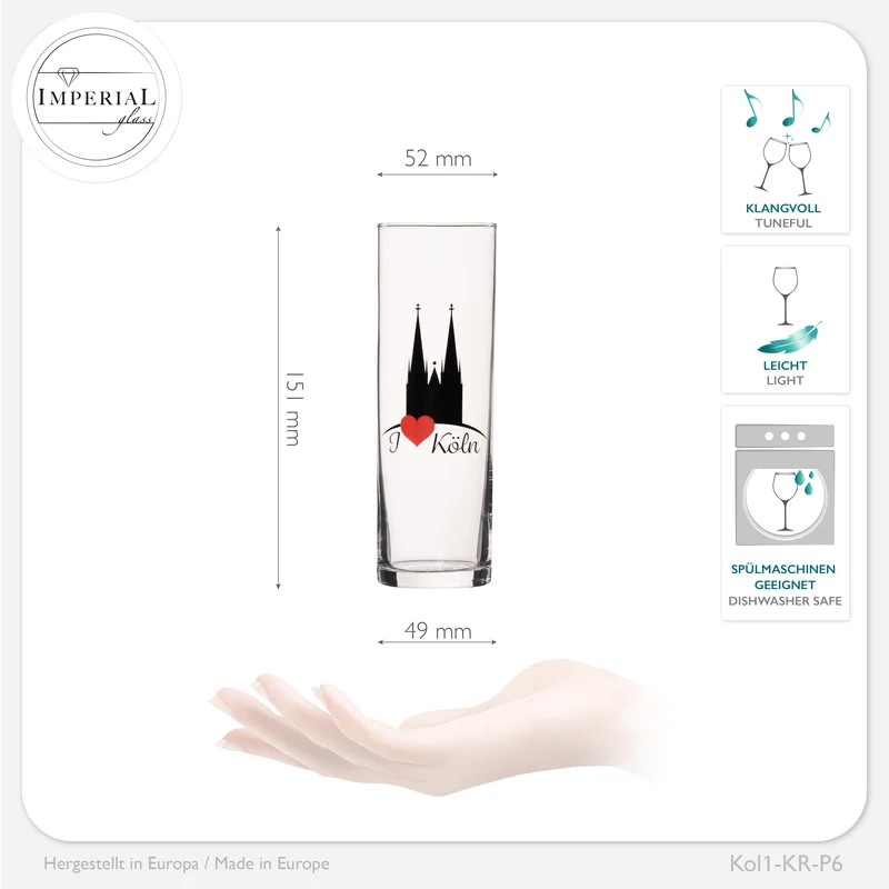 IMPERIAL glass Kölschgläser mit Kölner Dom Motiven Set 6-Teilig 200ml (max. 240ml) Kölschstangen aus Glas