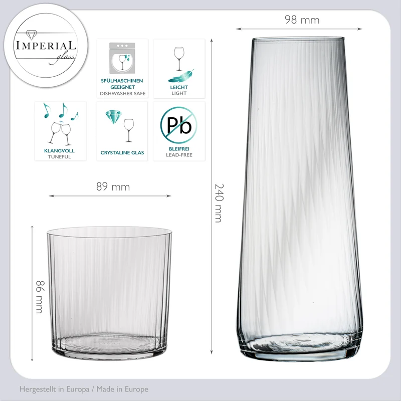 IMPERIAL Karaffe mit 4 Trinkgläsern geriffelt - 1240ml und 350ml aus Crystalline Glas "London" Spülmaschinengeeignet