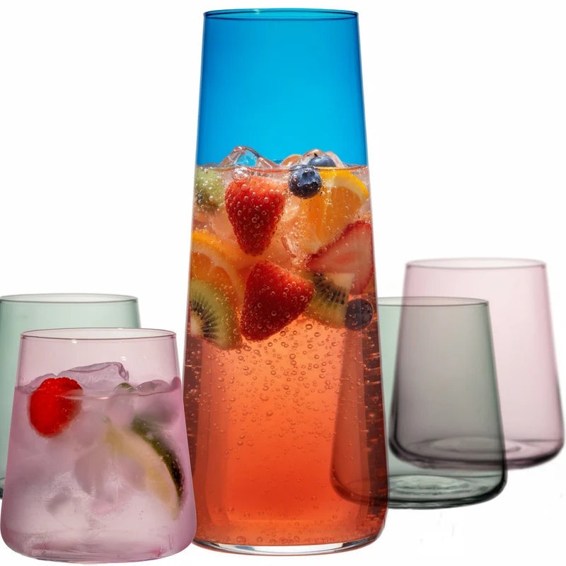 IMPERIAL glass Blaue Wasserkaraffe Set mit 4 farbigen Trinkgläsern aus Crystalline Glas 5-teilig