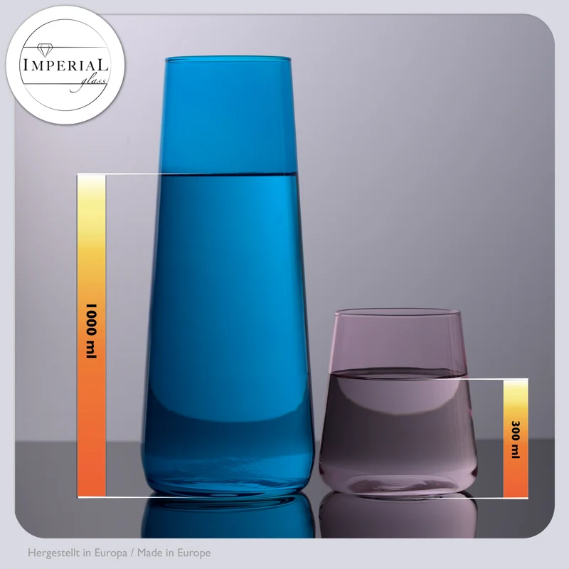 IMPERIAL glass Blaue Wasserkaraffe Set mit 4 farbigen Trinkgläsern aus Crystalline Glas 5-teilig