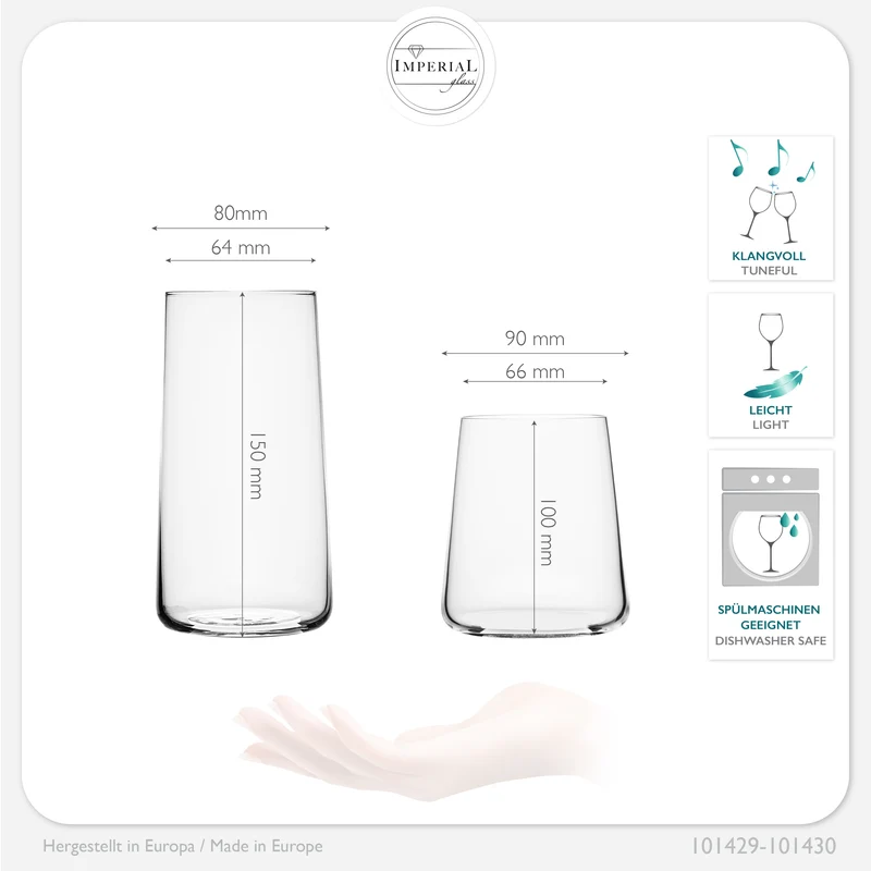 IMPERIAL glass Trinkgläser aus Glas Set 450ml & 550ml 12 Teilig Wassergläser groß