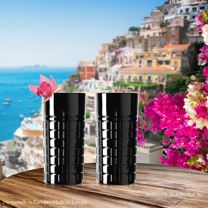 PLATINUX Schwarze Longdrinkgläser mit Muster aus Glas 300ml (max. 350ml) x 6
