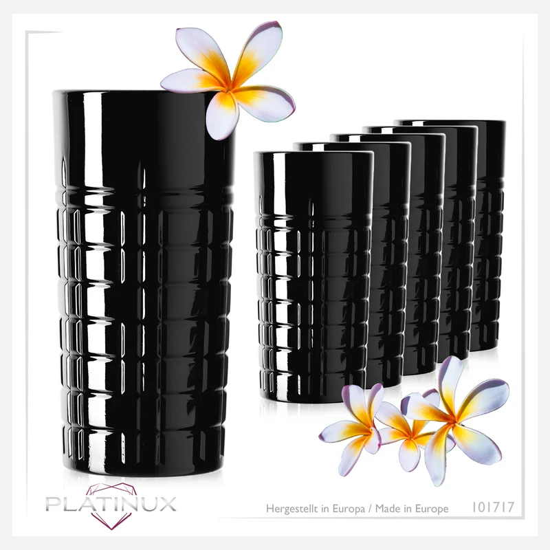PLATINUX Schwarze Longdrinkgläser mit Muster aus Glas 300ml (max. 350ml) x 6