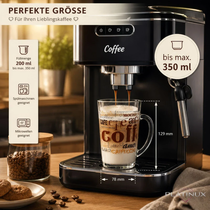 PLATINUX Kaffeegläser mit Motiv max. 350ml Set 6-Teilig aus Glas Latte Macchiato Gläser mit Griff Cappuccino Gläser