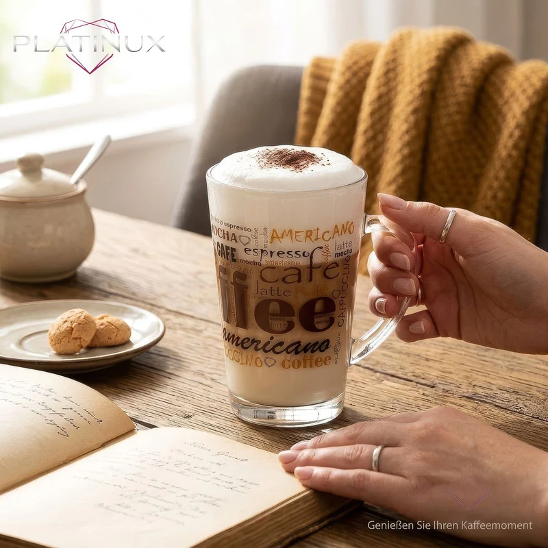 PLATINUX Kaffeegläser mit Motiv max. 350ml Set 6-Teilig aus Glas Latte Macchiato Gläser mit Griff Cappuccino Gläser