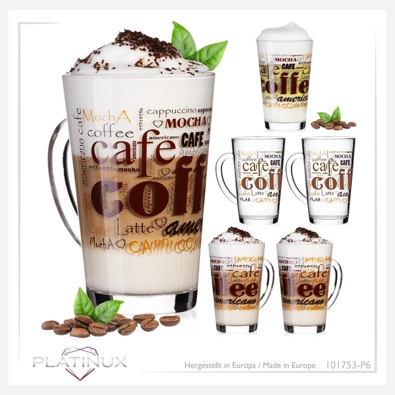 PLATINUX Kaffeegläser mit Motiv max. 350ml Set 6-Teilig aus Glas Latte Macchiato Gläser mit Griff Cappuccino Gläser