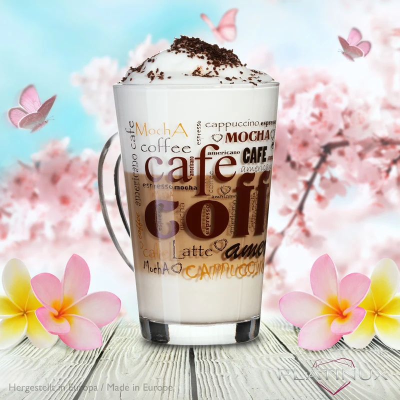 PLATINUX Kaffeegläser mit Motiv max. 350ml Set 6-Teilig aus Glas Latte Macchiato Gläser mit Griff Cappuccino Gläser