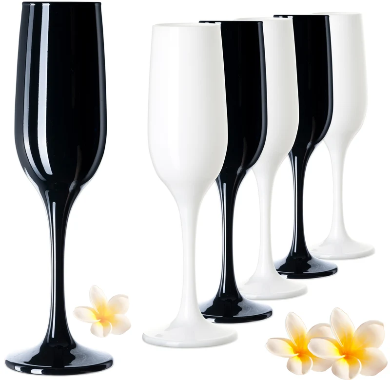 PLATINUX Schwarze & Weiße stabile Sektgläser Set 6 Teilig 160ml (max. 210ml) aus Glas