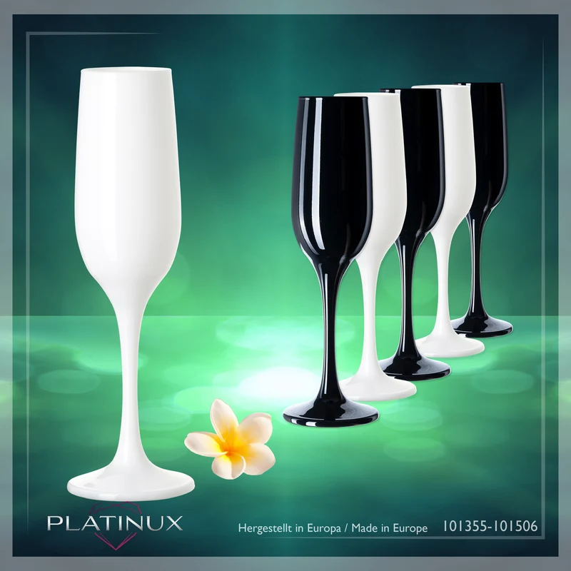 PLATINUX Schwarze & Weiße stabile Sektgläser Set 6 Teilig 160ml (max. 210ml) aus Glas